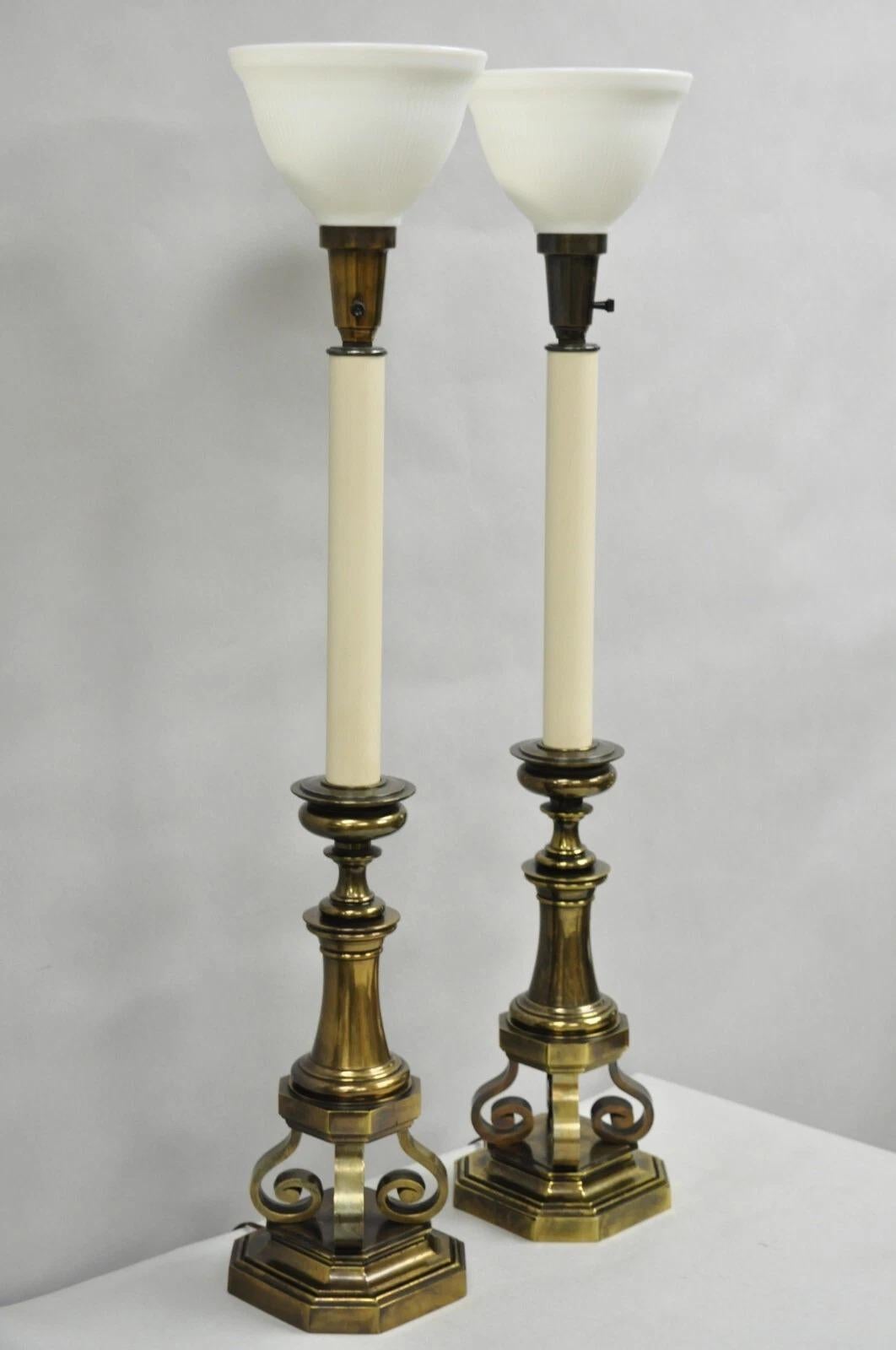 Vintage Hollywood Regency Burnished Brass Tall Candlestick Table Lamps - a Pair For Sale 7