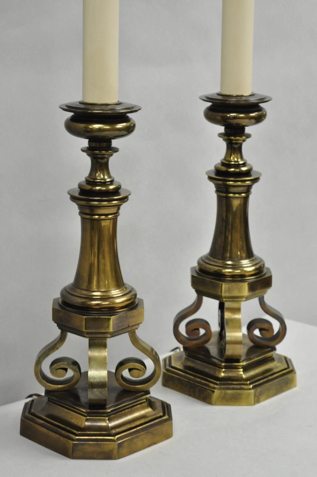 Vintage Hollywood Regency Lacquered Burnished Brass Tall Scrolling Candlestick Table Lamps - a Pair. Circa Mid 20th Century. Measurements: 40