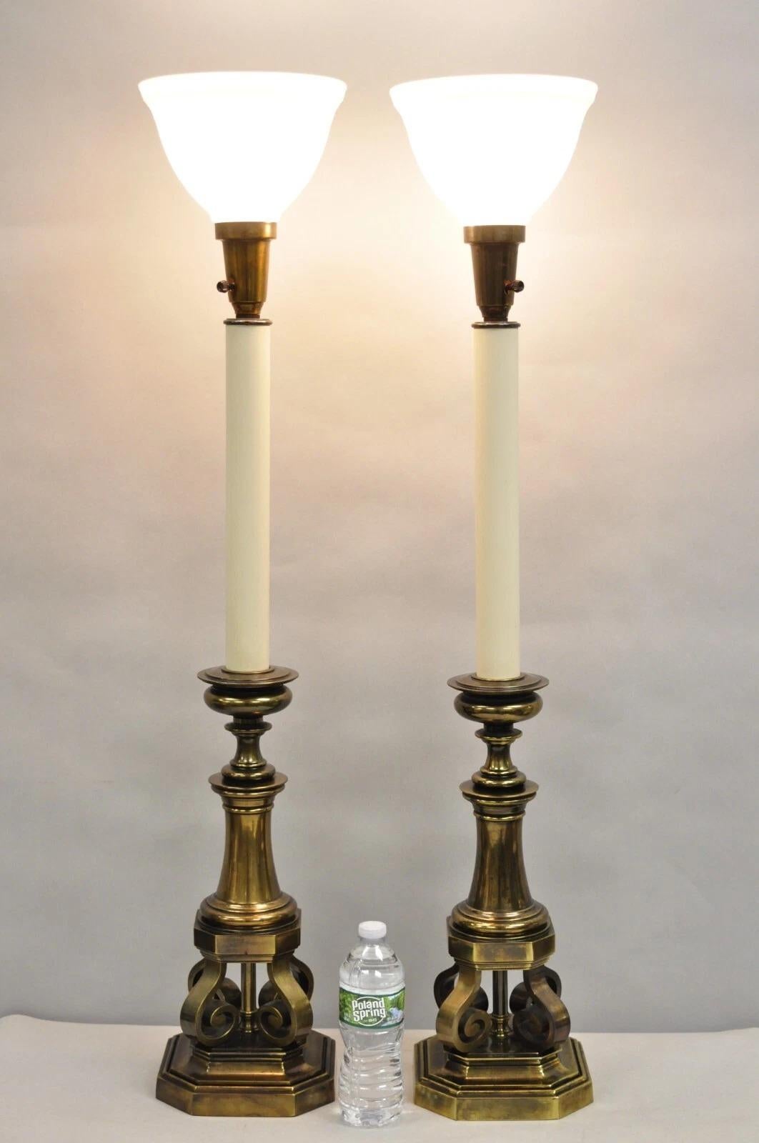 Unknown Vintage Hollywood Regency Burnished Brass Tall Candlestick Table Lamps - a Pair For Sale