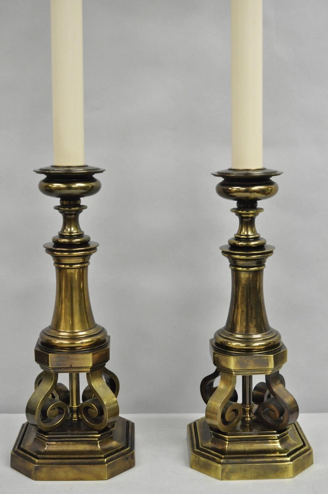 Vintage Hollywood Regency Burnished Brass Tall Candlestick Table Lamps - a Pair In Good Condition For Sale In Philadelphia, PA