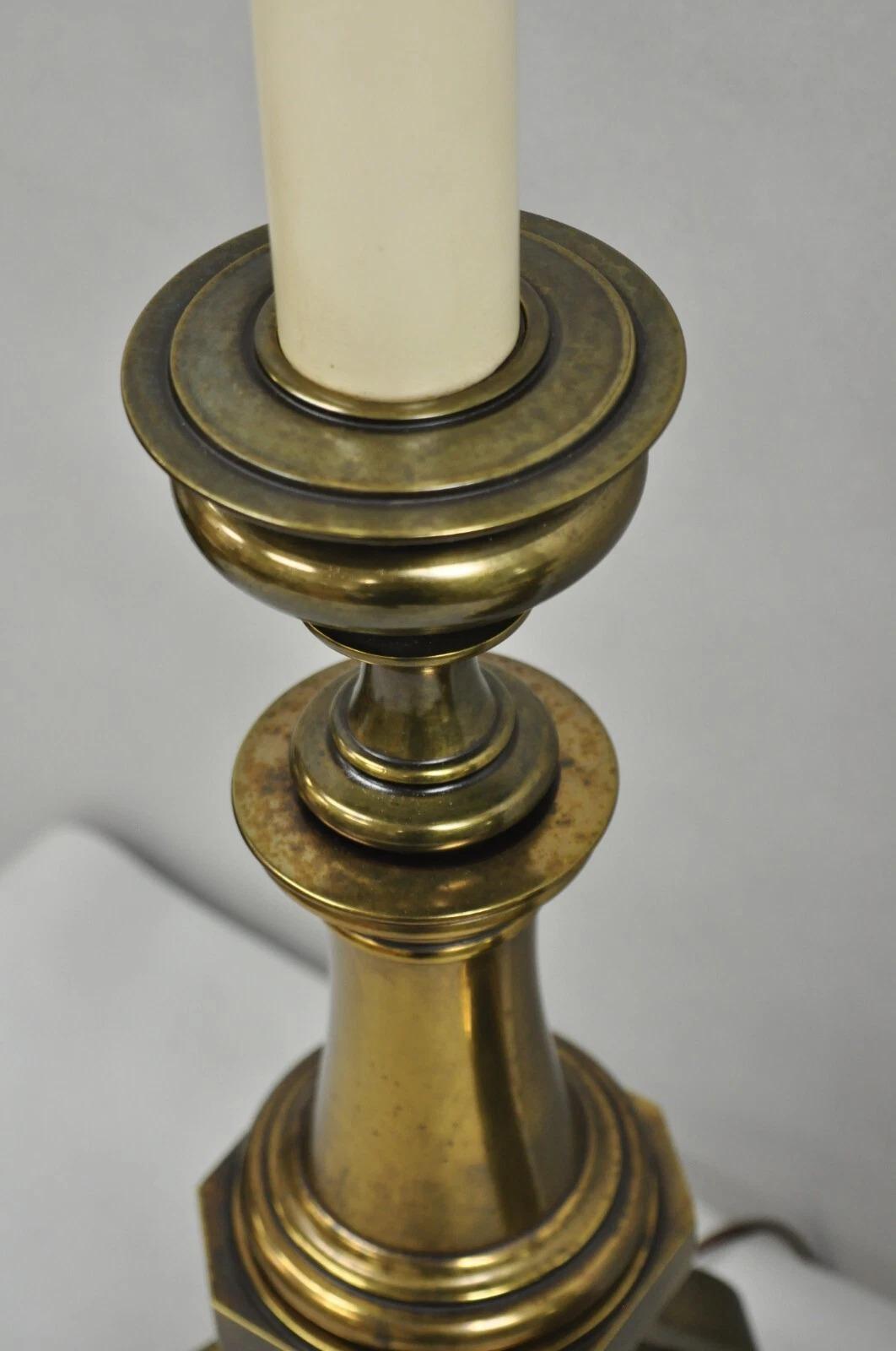 Vintage Hollywood Regency Burnished Brass Tall Candlestick Table Lamps - a Pair For Sale 1
