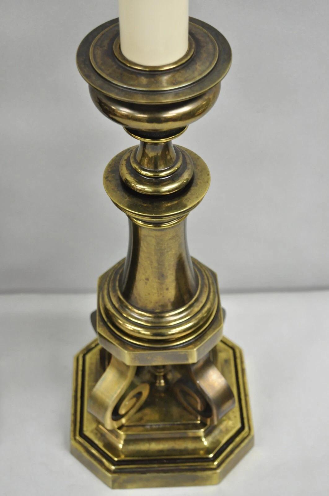 Vintage Hollywood Regency Burnished Brass Tall Candlestick Table Lamps - a Pair For Sale 2