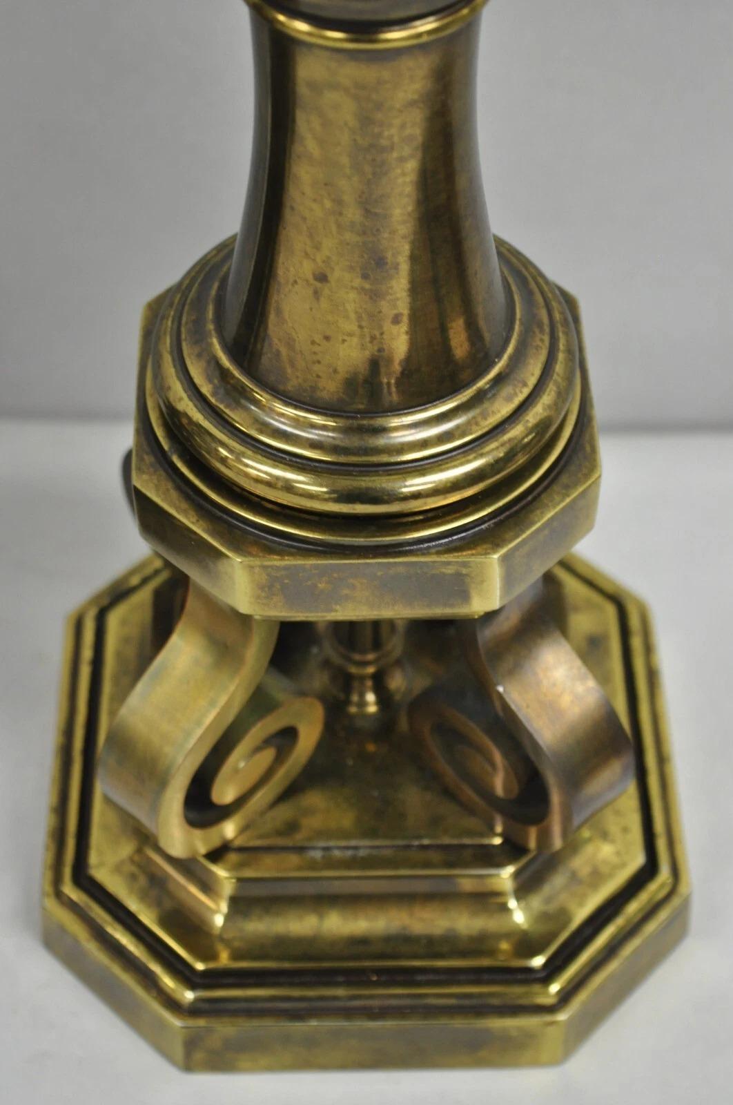 Vintage Hollywood Regency Burnished Brass Tall Candlestick Table Lamps - a Pair For Sale 3