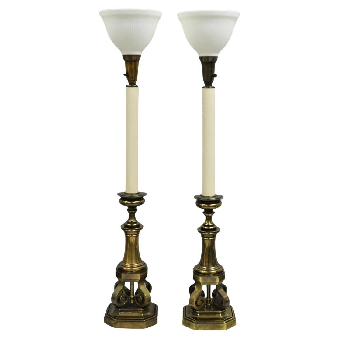 Vintage Hollywood Regency Burnished Brass Tall Candlestick Table Lamps - a Pair For Sale