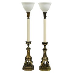 Vintage Hollywood Regency Burnished Brass Tall Candlestick Table Lamps - a Pair