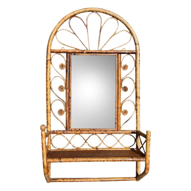 Vintage Hollywood Regency Burnt Bamboo Starburst Wall Mirror with Shelf - 1970s