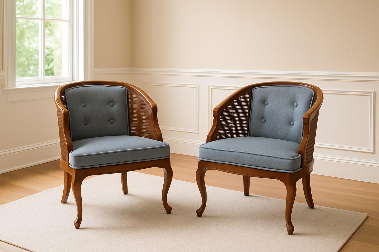 Transform your space with the timeless elegance of these Vintage Hollywood Regency cane back chairs. Perfect for adding a touch of glamour to any room, these chairs are a beautiful blend of classic design and luxurious comfort.

From non-smoking and