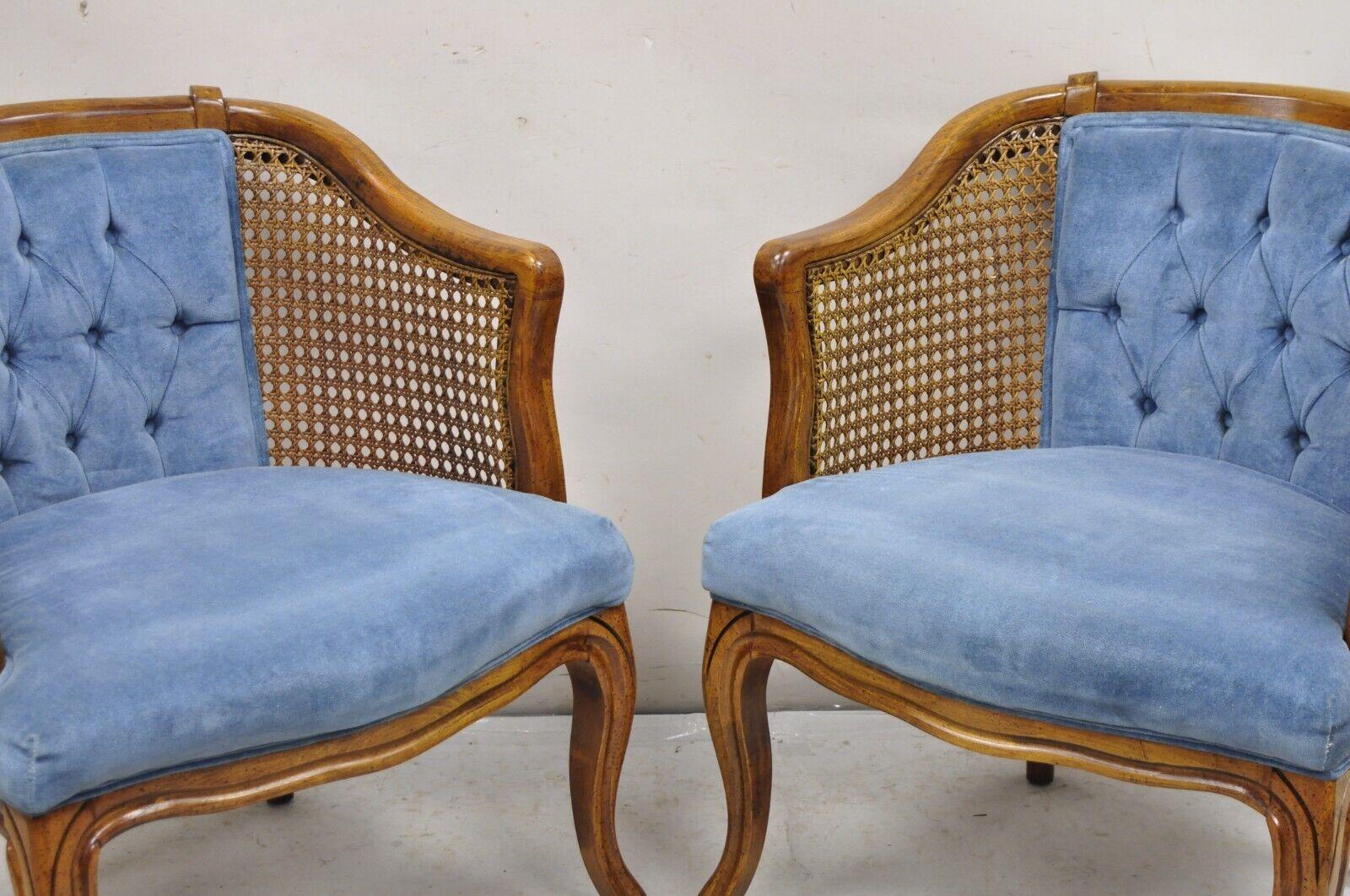 Vintage Hollywood Regency Cane Barrel Back Blue Club Lounge Chairs - a Pair 4