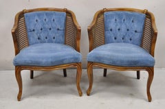 Vintage Hollywood Regency Cane Barrel Back Blue Club Lounge Chairs - a Pair