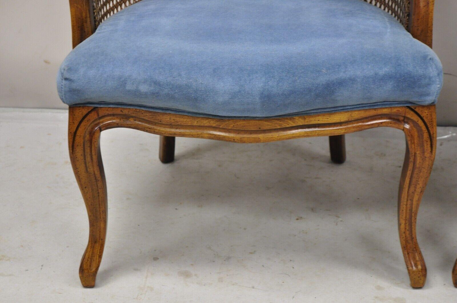 Caning Vintage Hollywood Regency Cane Barrel Back Blue Club Lounge Chairs - a Pair