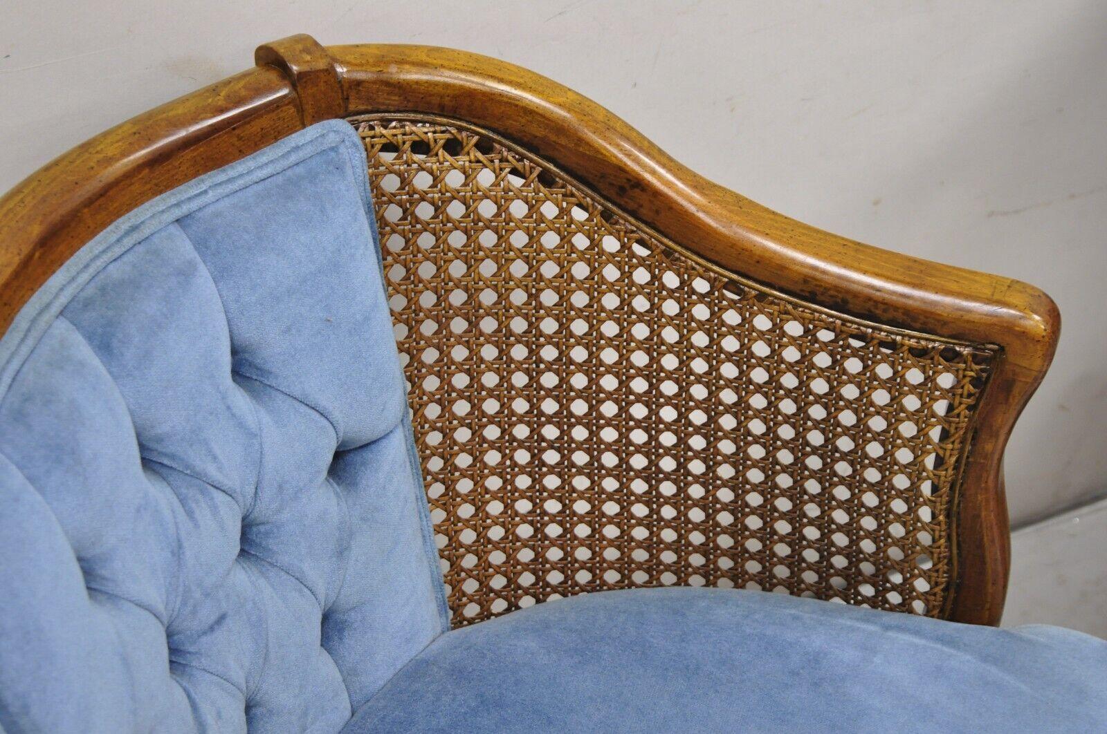 Vintage Hollywood Regency Cane Barrel Back Blue Club Lounge Chairs - a Pair In Good Condition In Philadelphia, PA