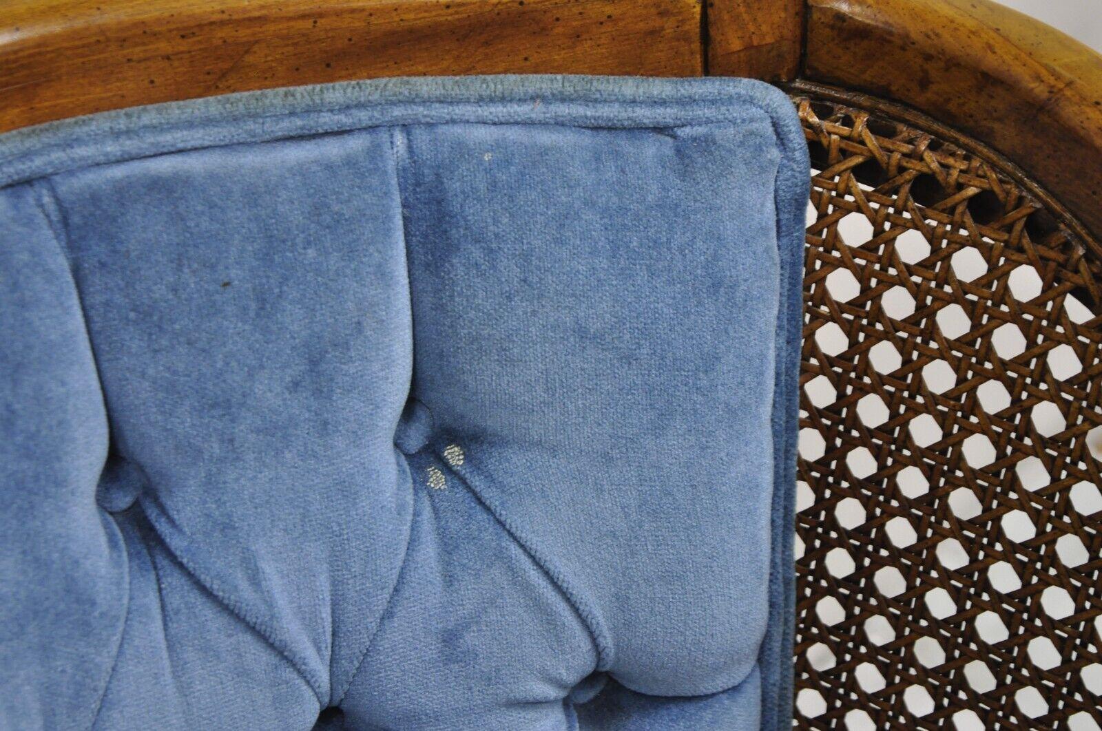 Vintage Hollywood Regency Cane Barrel Back Blue Club Lounge Chairs - a Pair In Good Condition In Philadelphia, PA
