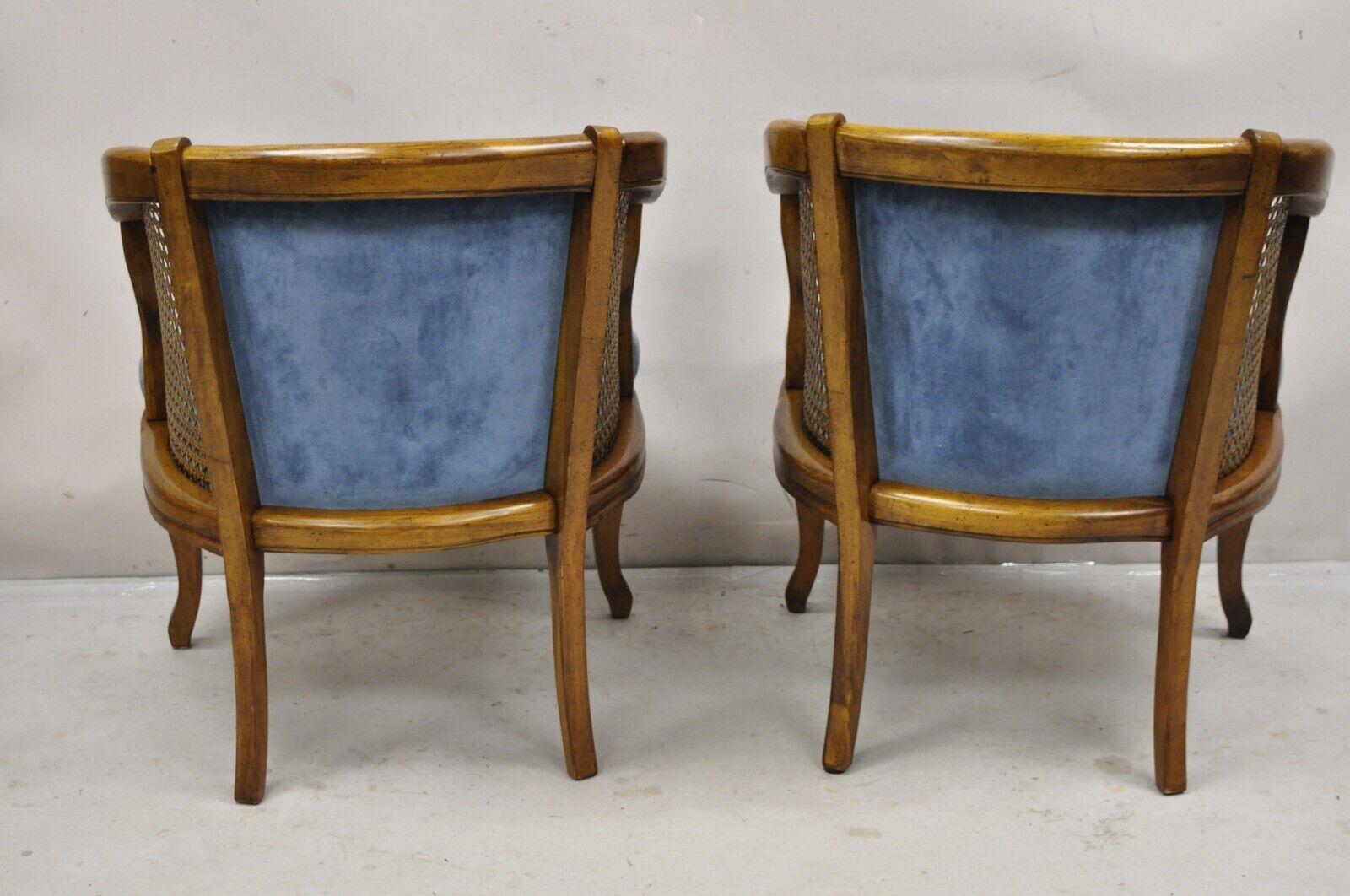 Vintage Hollywood Regency Cane Barrel Back Blue Club Lounge Chairs - a Pair 2