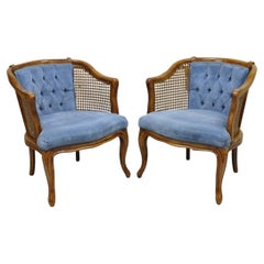 Retro Hollywood Regency Cane Barrel Back Blue Club Lounge Chairs - a Pair
