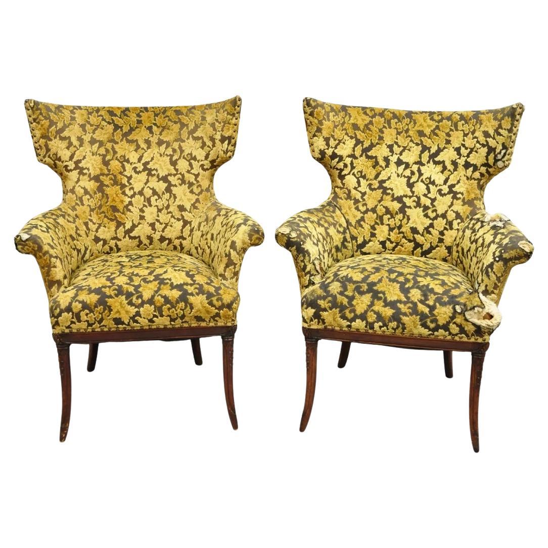 Vintage Hollywood Regency Carved Mahogany Wingback Fireside Lounge Chairs - Pair