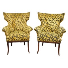 Vintage Hollywood Regency Carved Mahogany Wingback Fireside Lounge Chairs - Pair