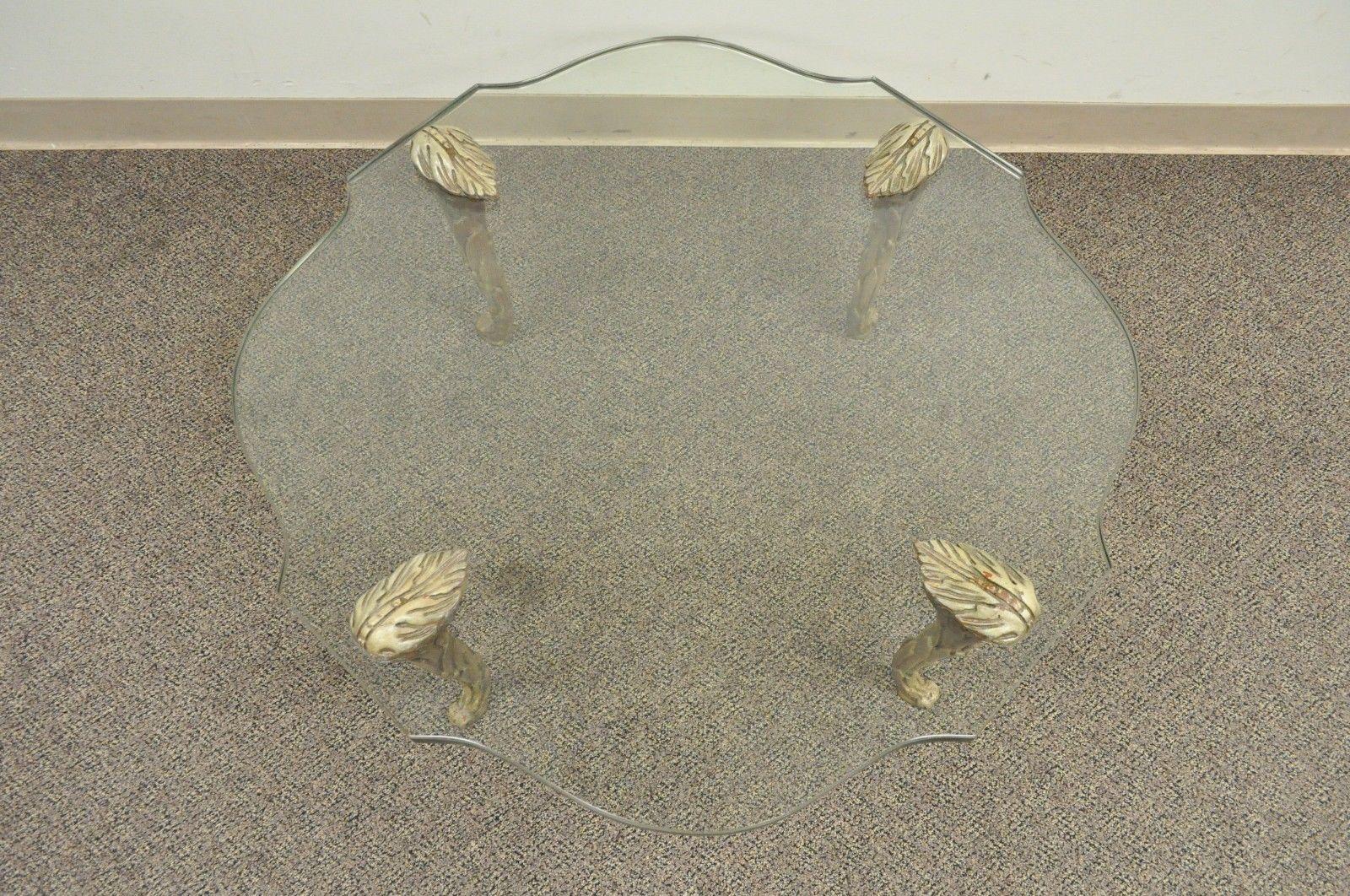20th Century Vintage Hollywood Regency Carved Wood Faux Bois Glass Top Coffee Table Baguès For Sale