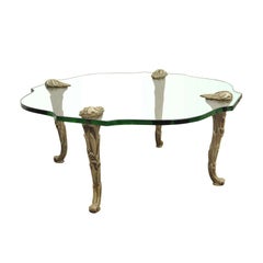 Table Basse Vintage Hollywood Regency en Bois Sculpté et Faux Bois avec Plateau en Verre Baguès