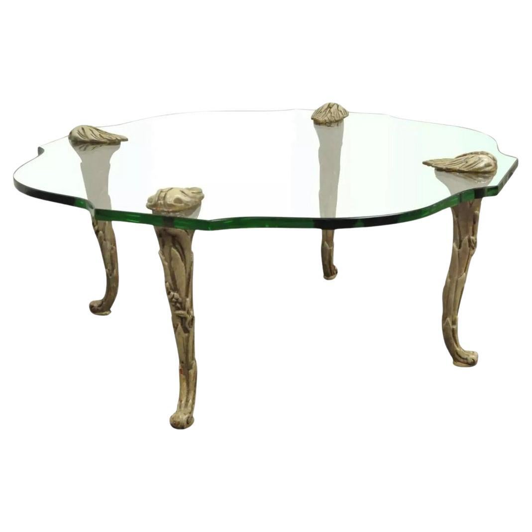 Vintage Hollywood Regency Carved Wood Faux Bois Legs Glass Top Coffee Table