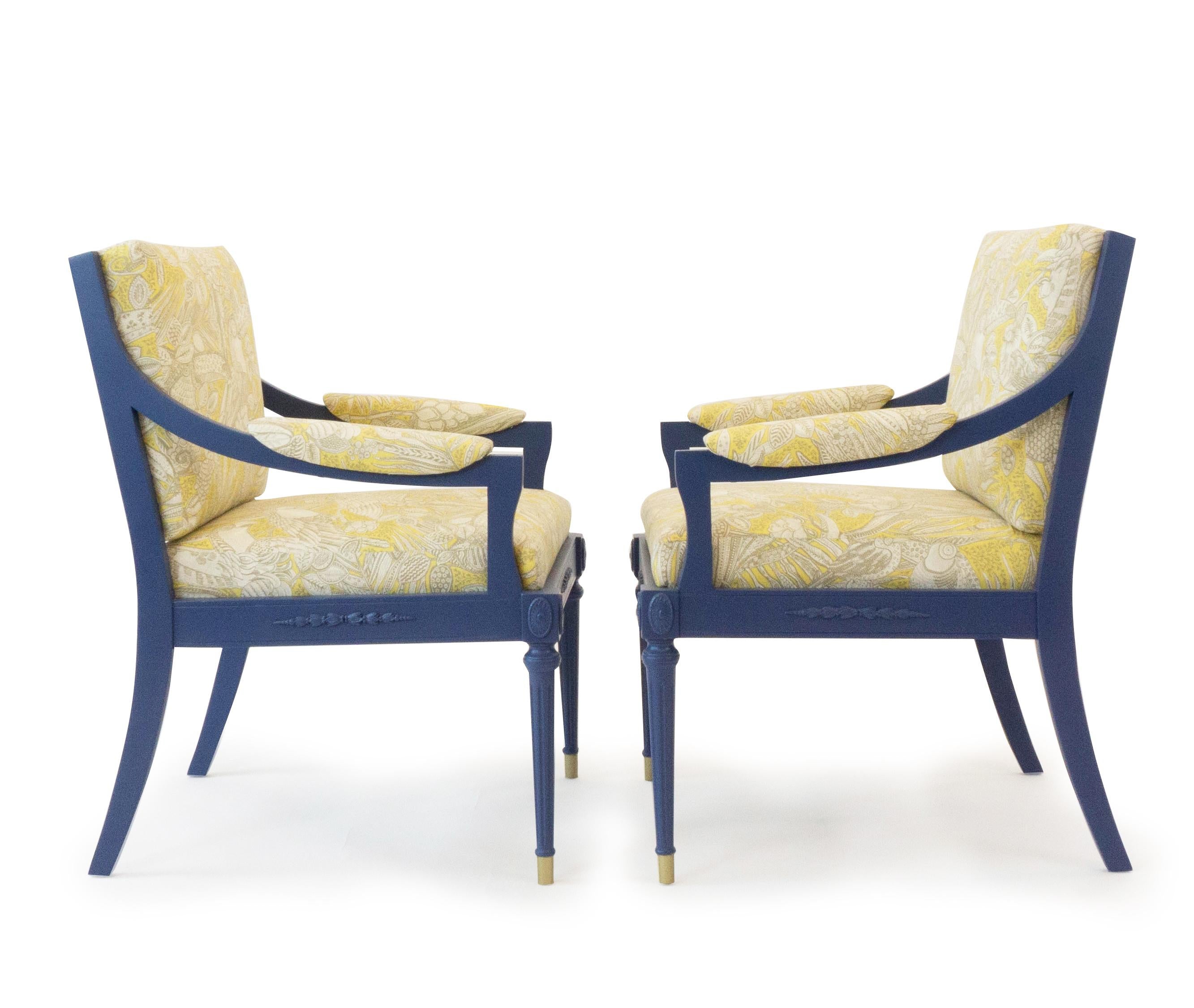 American Vintage Hollywood Regency Chairs with Yellow Tropical Florals and Fauna