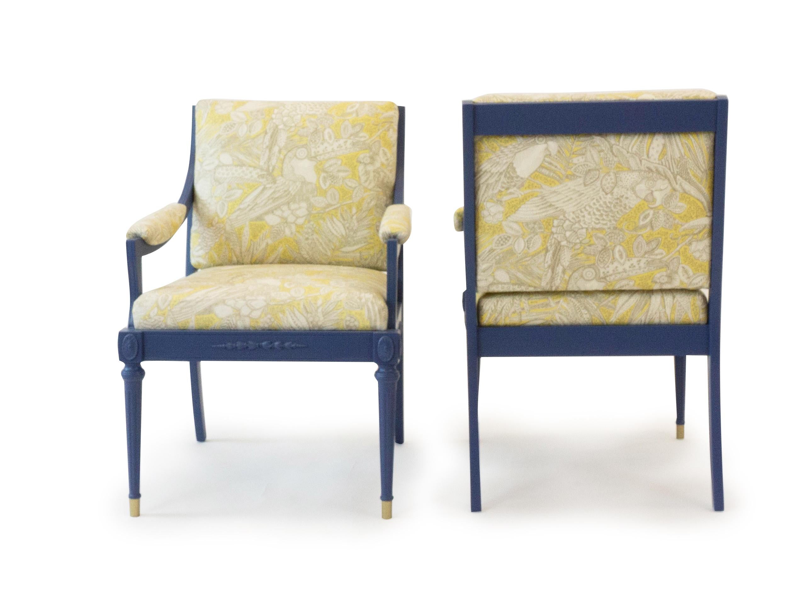 Vintage Hollywood Regency Chairs with Yellow Tropical Florals and Fauna In Excellent Condition In Greenwich, CT