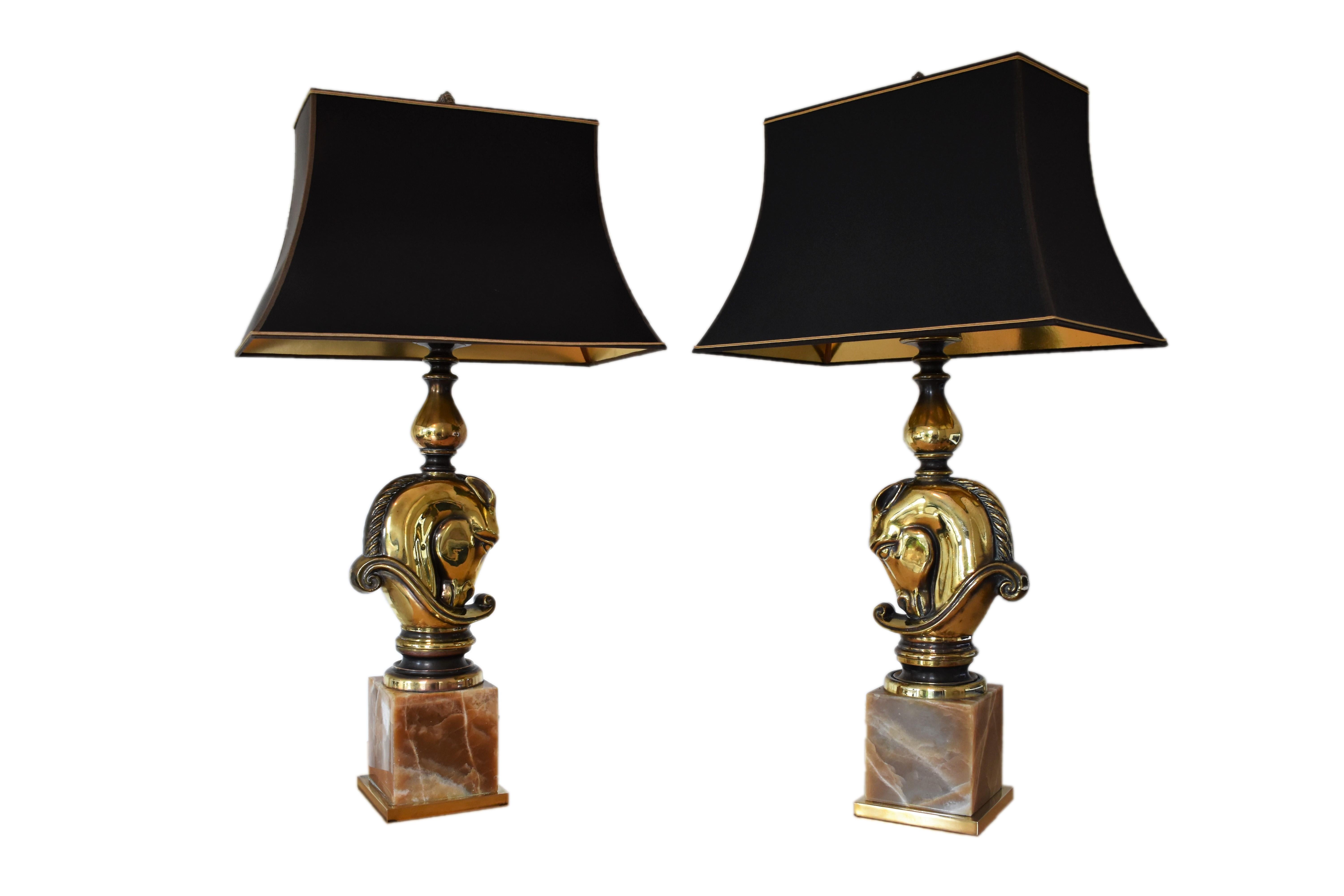 Hollywood Regency FINAL SALE Vintage Chess Piece Horsehead Table Lamps, Maison Charles 1970 For Sale