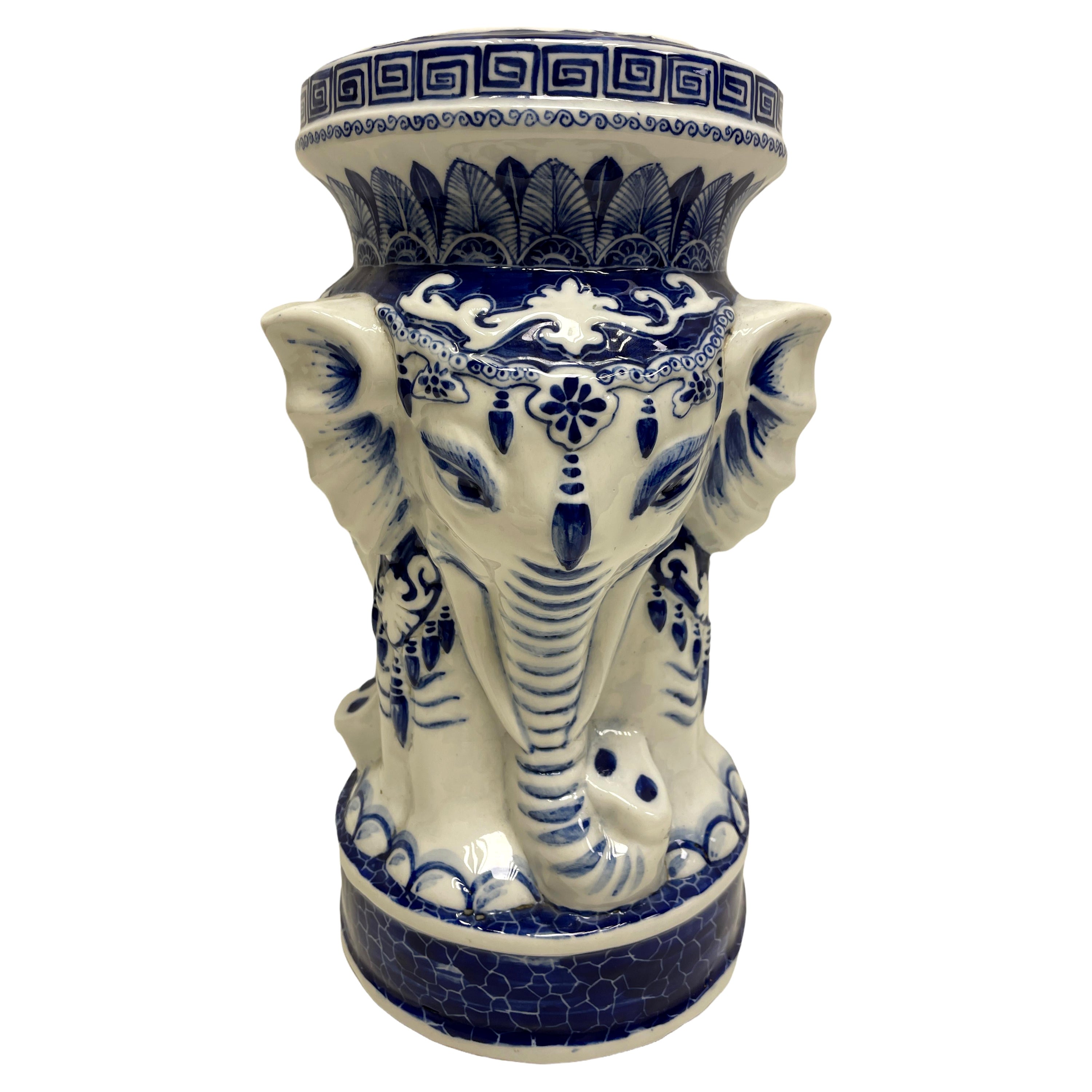 Vintage Hollywood Regency Chinese Blue White Elephant Stool Plant Stand or Seat