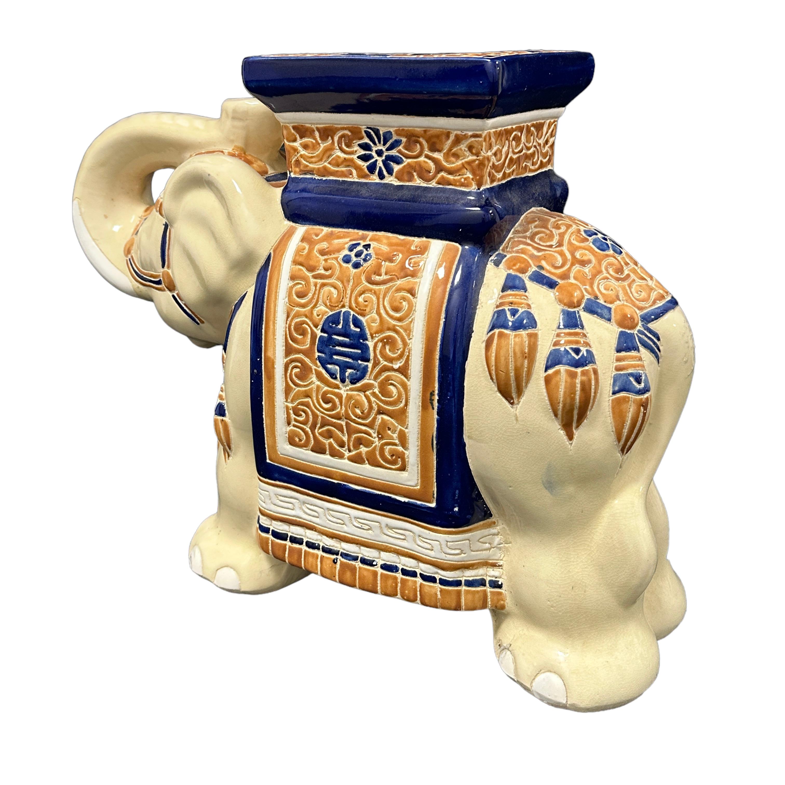 Ceramic Vintage Hollywood Regency Chinese Happy Elephant Garden Plant Stand Side Table For Sale