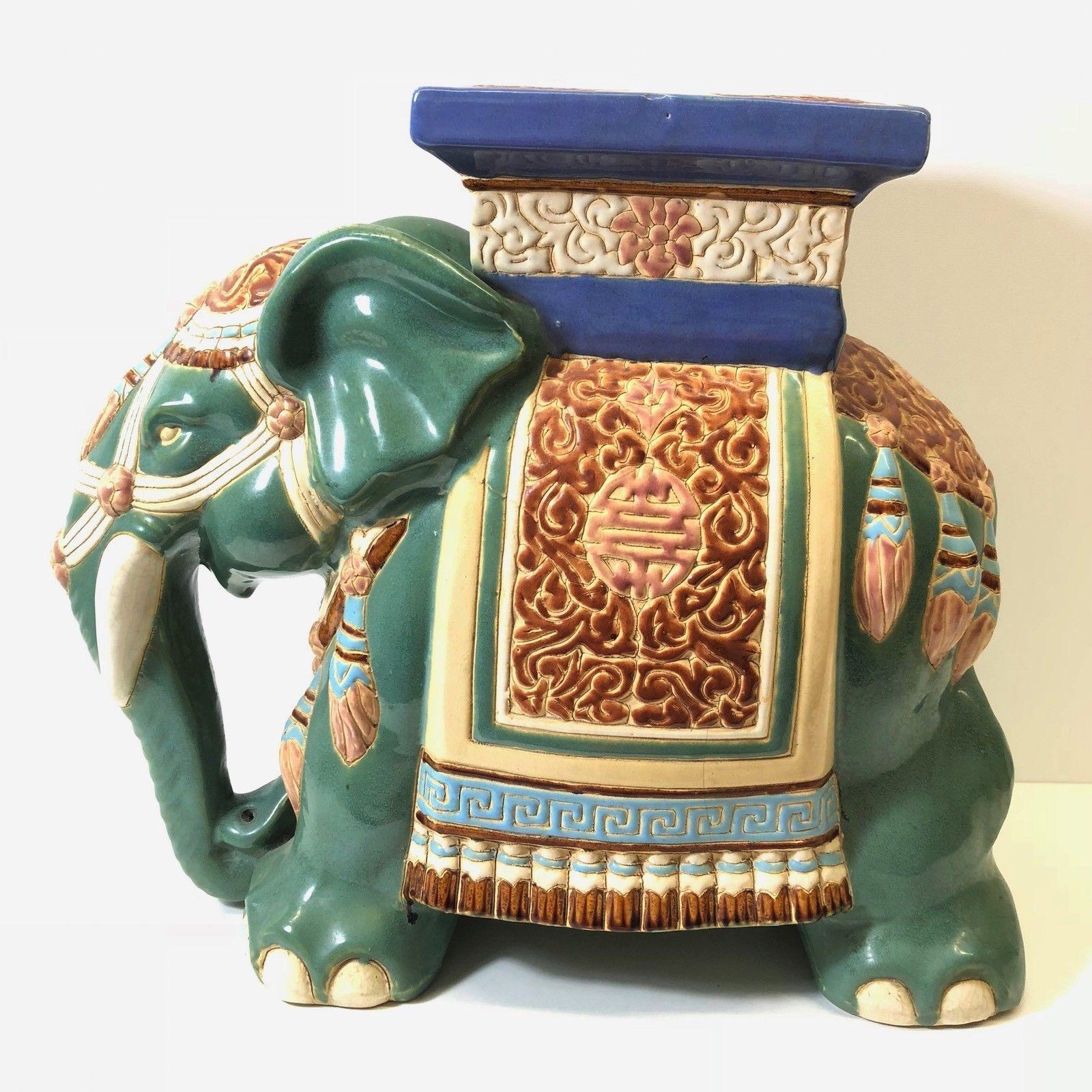 Ceramic Vintage Hollywood Regency Chinese Jade Green Elephant Garden Plant Stand