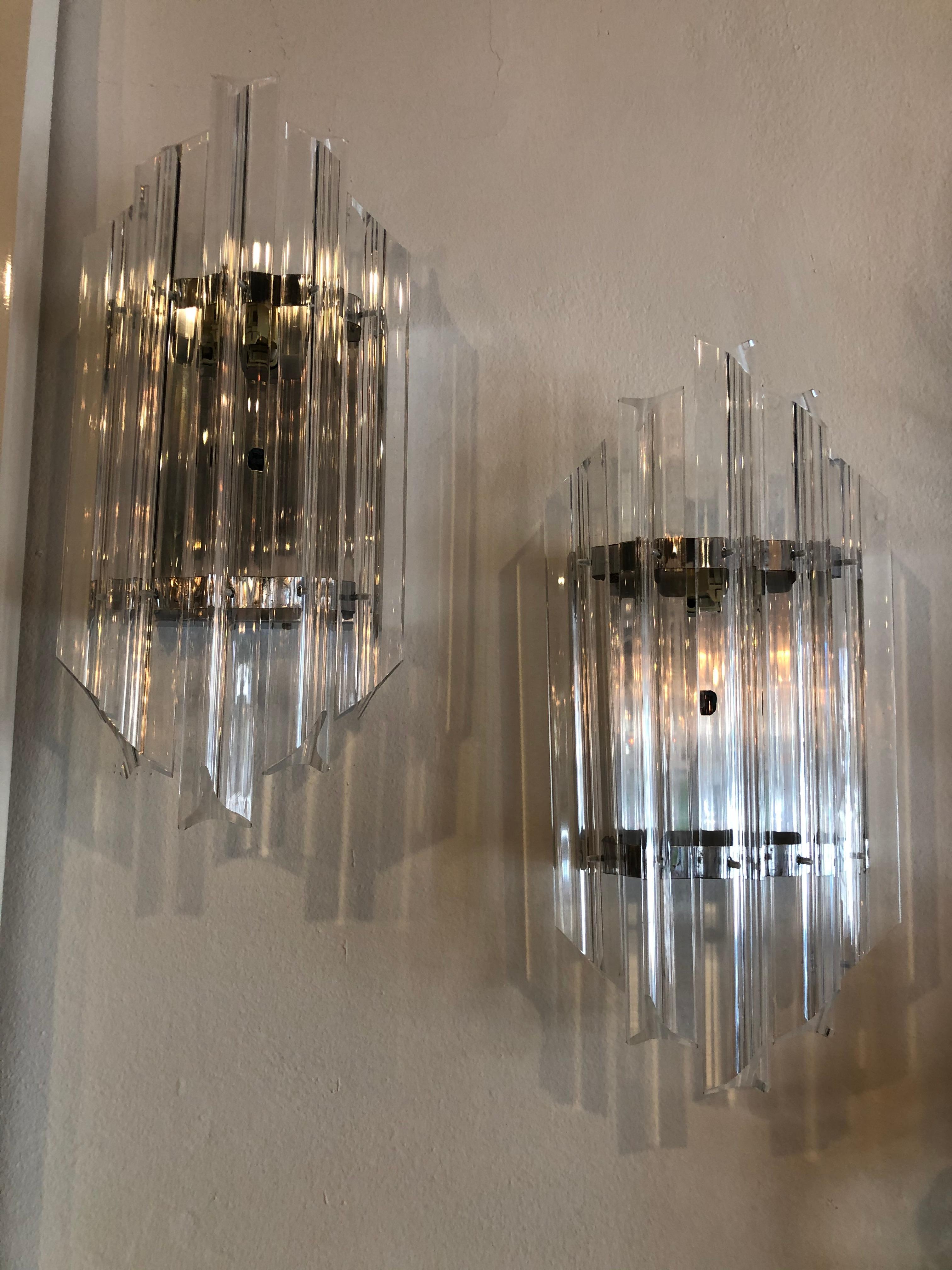 Late 20th Century Vintage Pair Hollywood Regency Chrome and Lucite Wall Light Sconces  For Sale