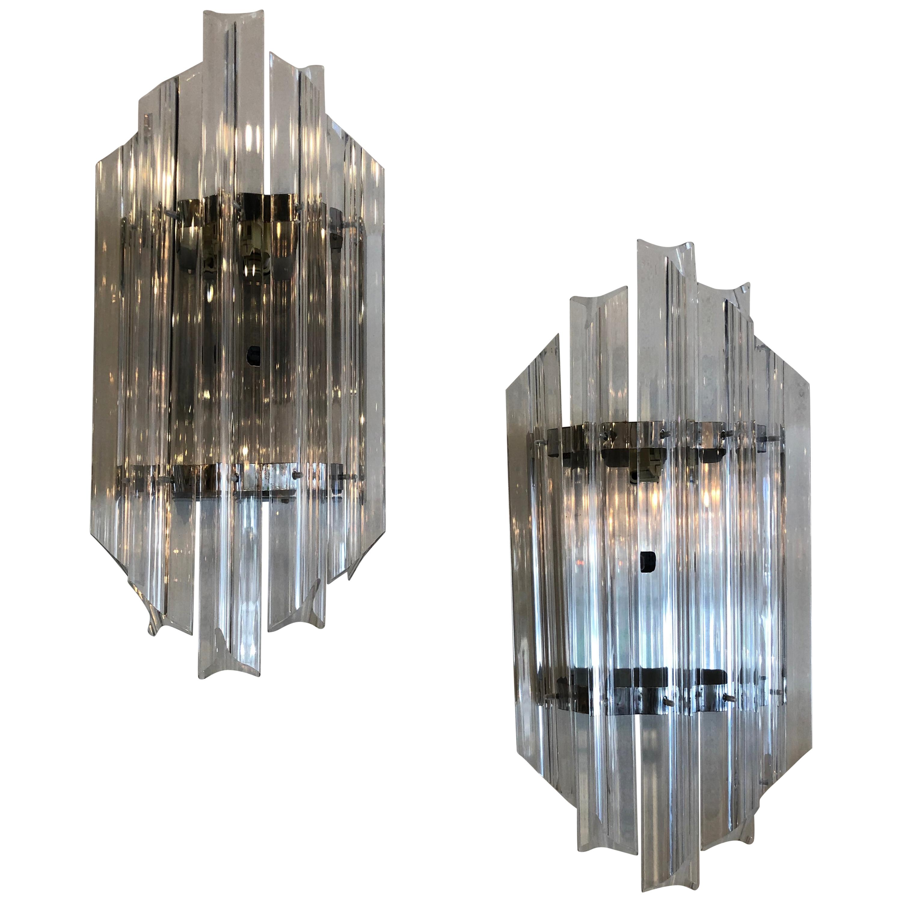 Vintage Pair Hollywood Regency Chrome and Lucite Wall Light Sconces  For Sale