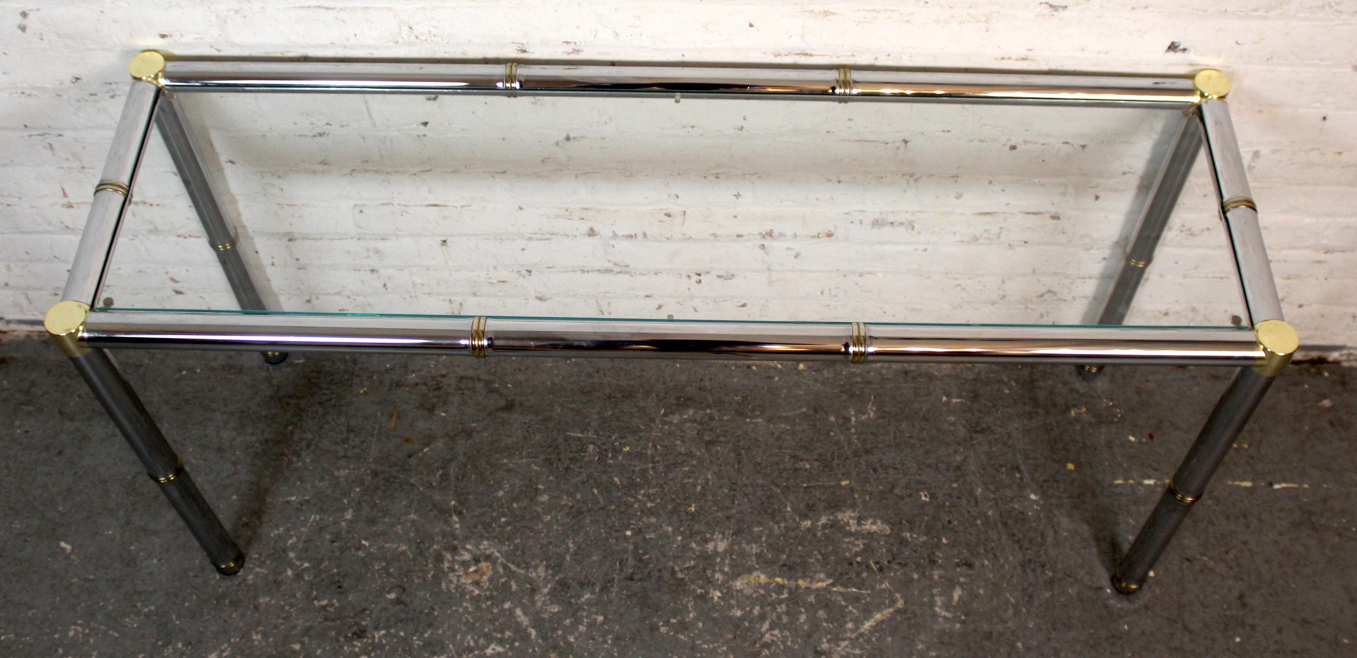 Vintage Hollywood Regency Chrome & Brass Console Table For Sale 1