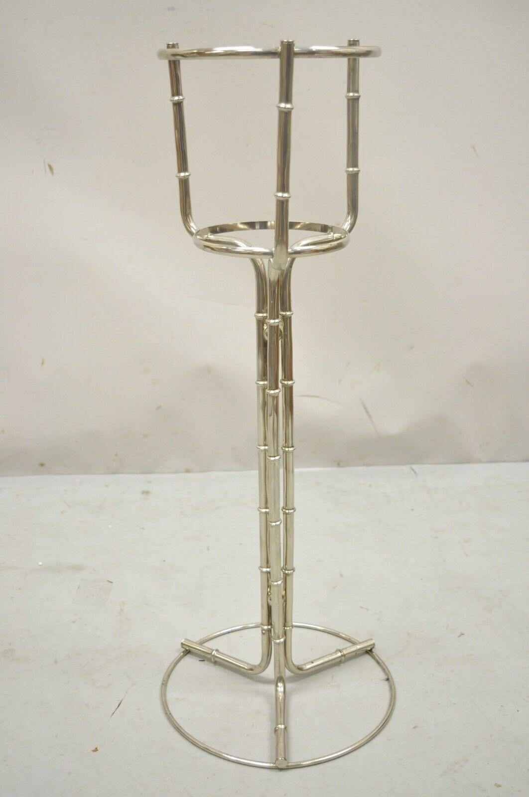 Vintage Hollywood Regency chrome faux bamboo champagne bucket ice chiller stand. Item features chrome metal faux bamboo frame, pedestal base, very nice vintage item, great style and form. mid 20th century. Measurements: 28.5