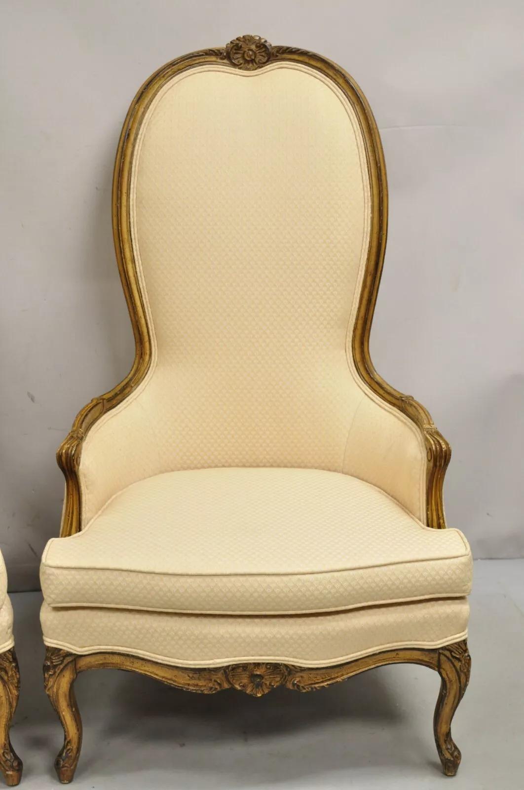 Vintage Hollywood Regency Country French High Back Walnut Lounge Chairs - a Pair For Sale 6