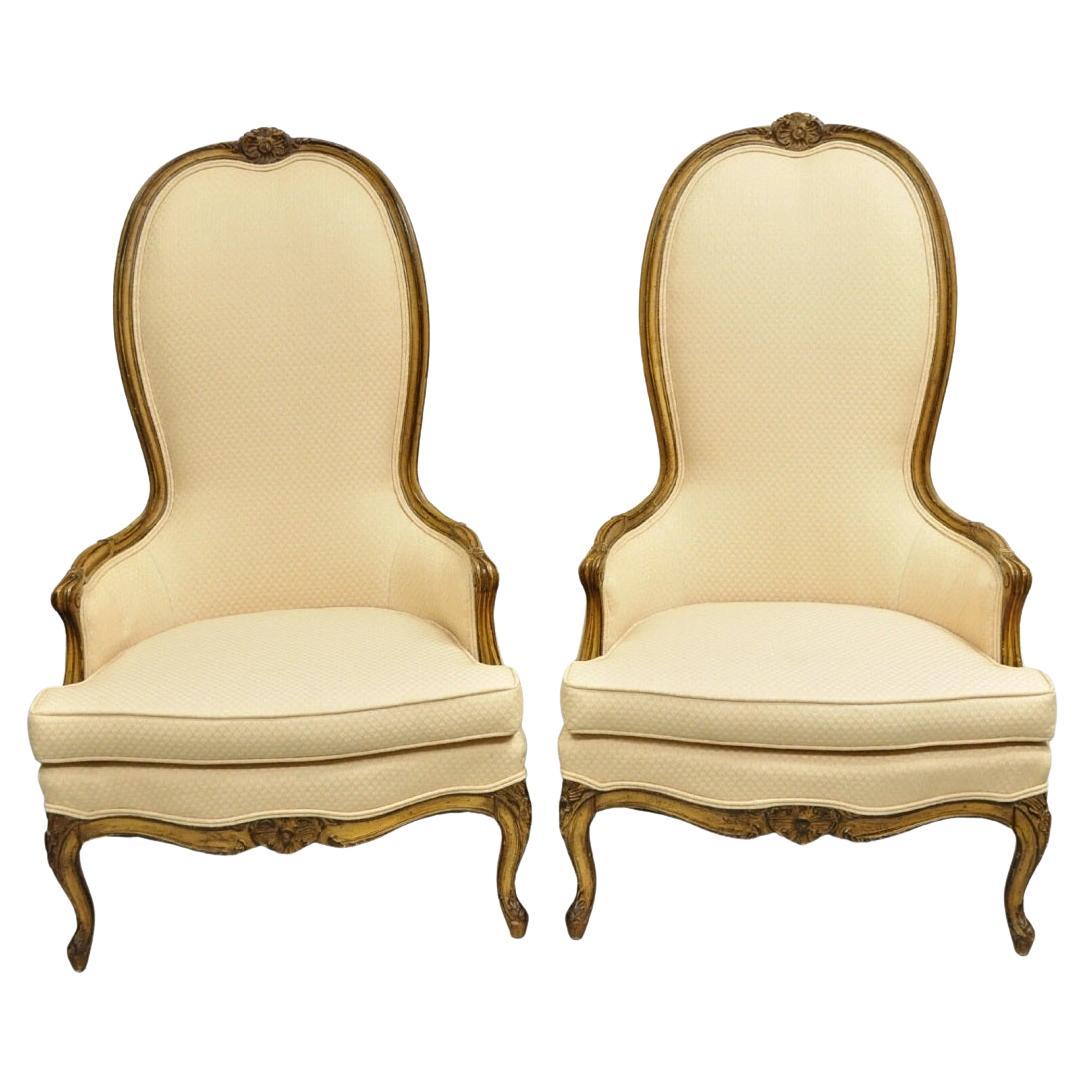 Vintage Hollywood Regency Country French High Back Walnut Lounge Chairs - a Pair