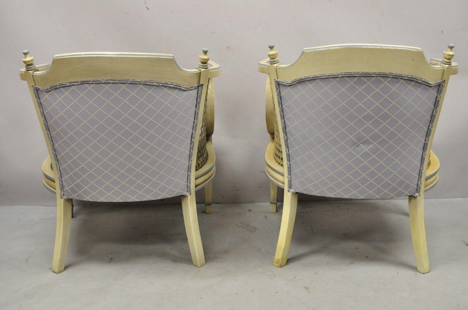 Vintage Hollywood Regency Cream Painted Cane Side Club Lounge Chairs, Pair For Sale 4