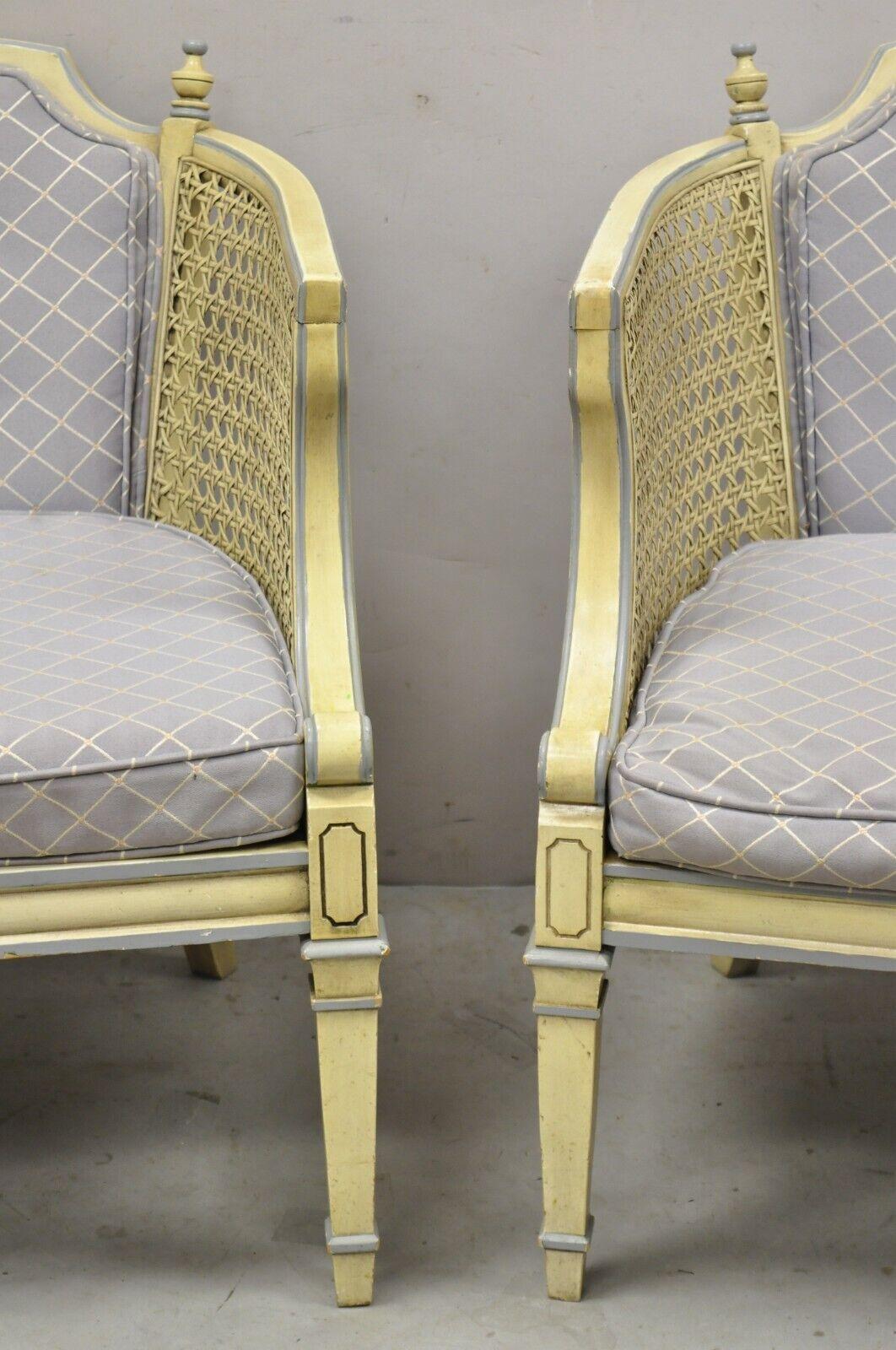 Vintage Hollywood Regency Cream Painted Cane Side Club Lounge Chairs, Pair For Sale 6