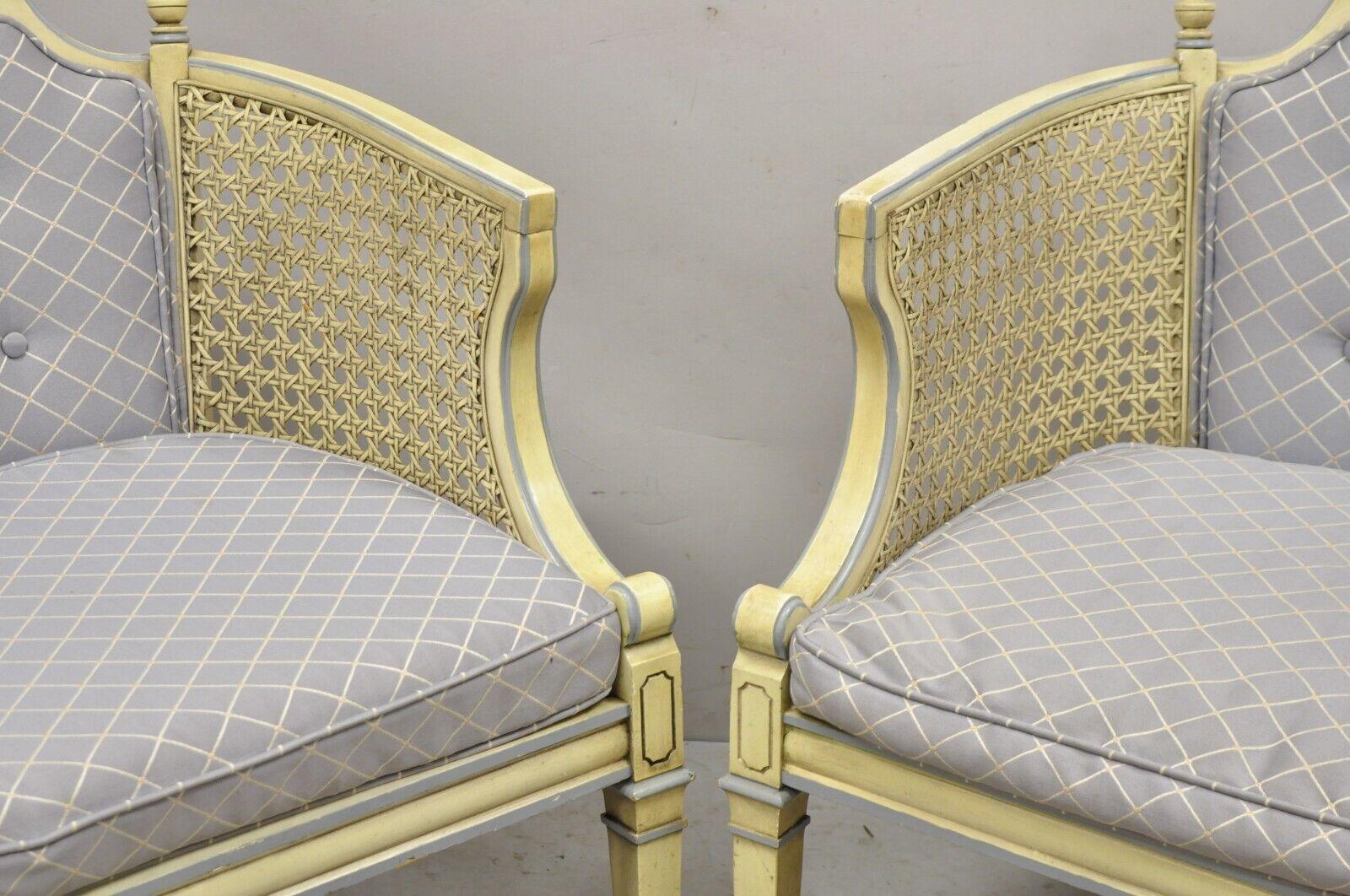 Vintage Hollywood Regency Cream Painted Cane Side Club Lounge Chairs, Pair In Good Condition For Sale In Philadelphia, PA