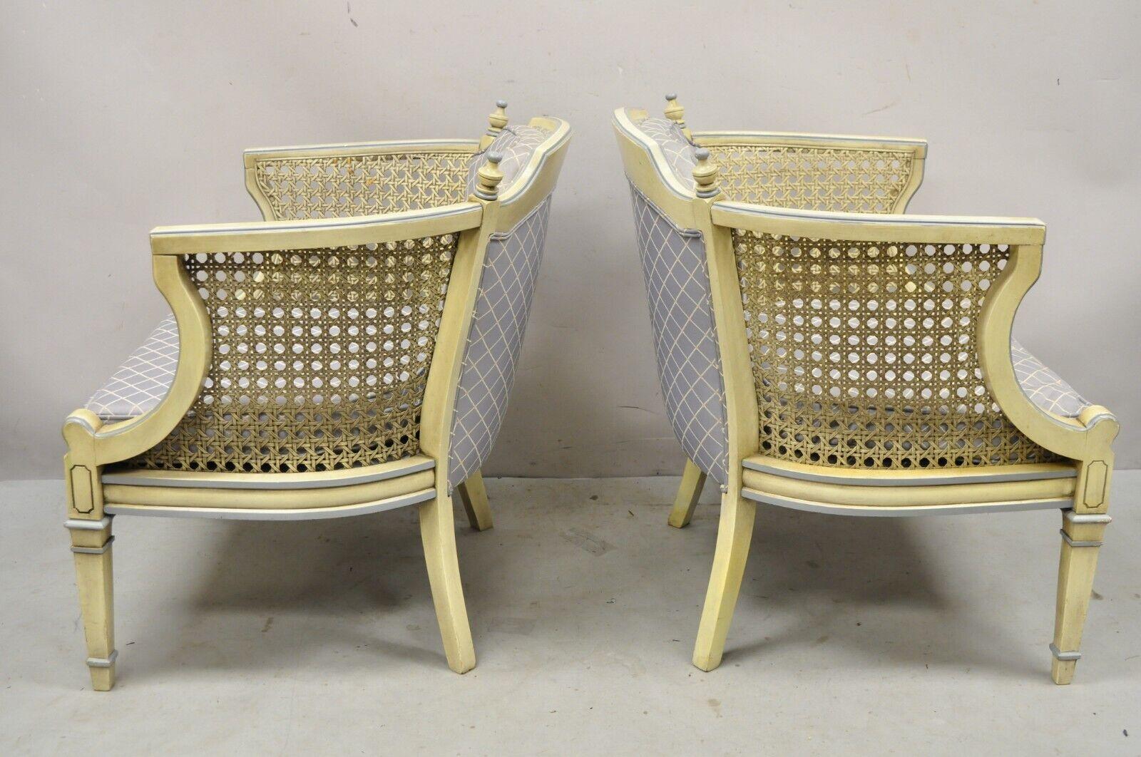 Vintage Hollywood Regency Cream Painted Cane Side Club Lounge Chairs, Pair For Sale 3
