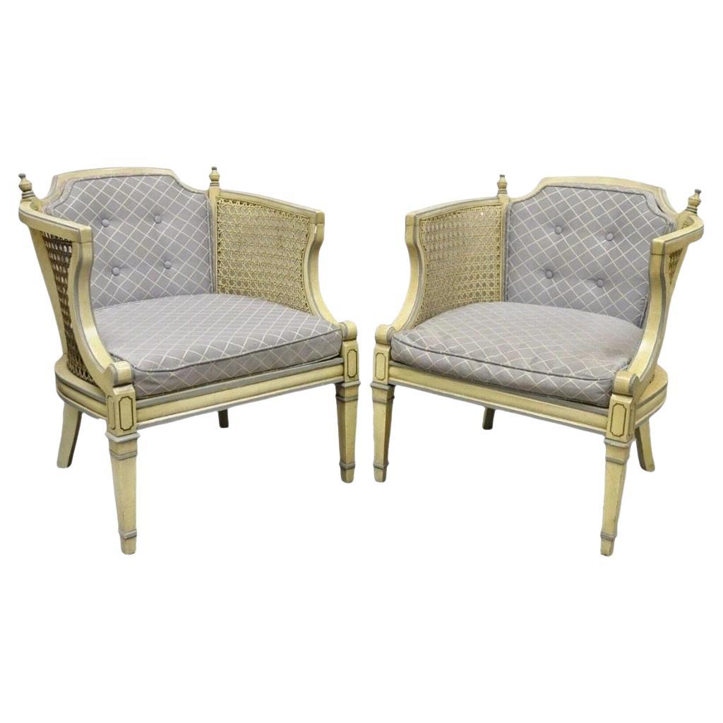 Vintage Hollywood Regency Cream Painted Cane Side Club Lounge Chairs - a Pair