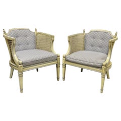 Vintage Hollywood Regency Cream Painted Cane Side Club Lounge Chairs - a Pair