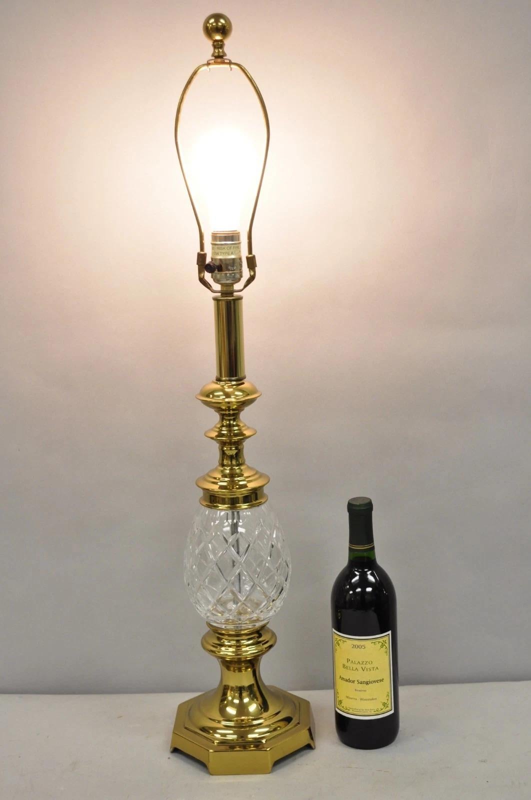 Vintage Hollywood Regency Crystal Glass Pineapple Column Brass Table Lamp. Circa Late 20th Century. Measurements: 32.5