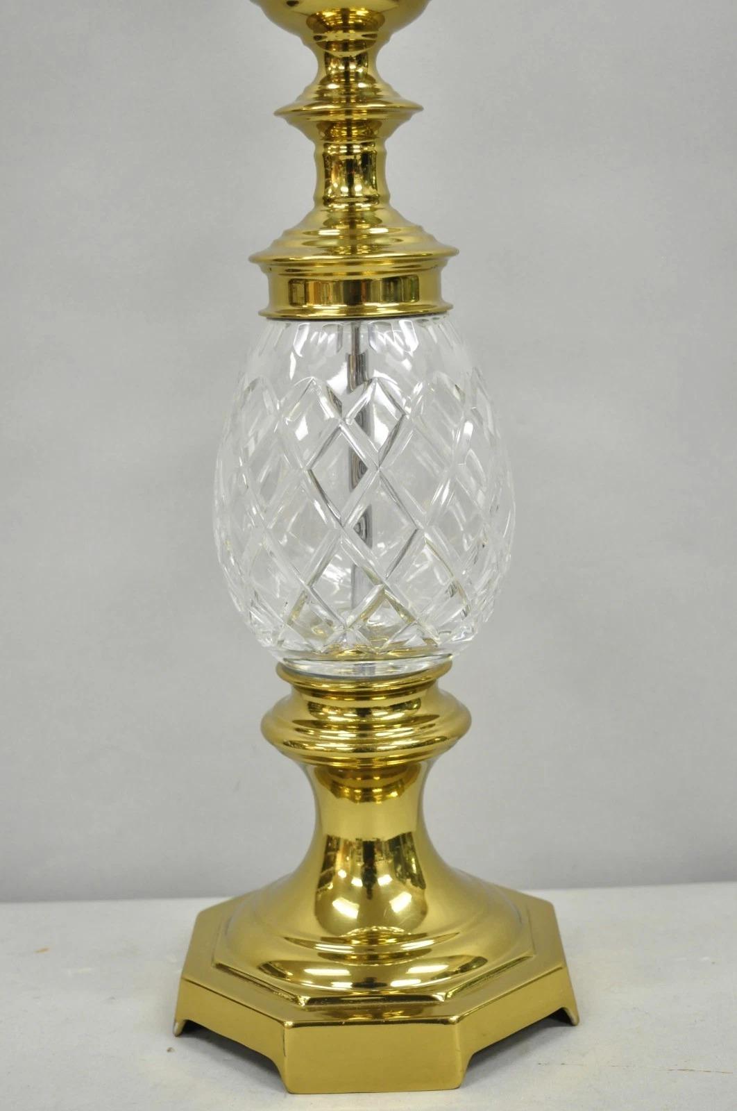 Unknown Vintage Hollywood Regency Crystal Glass Pineapple Column Brass Table Lamp For Sale