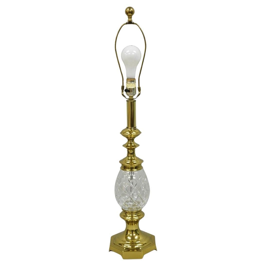 Vintage Hollywood Regency Crystal Glass Pineapple Column Brass Table Lamp For Sale