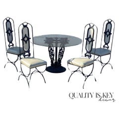 Retro Hollywood Regency Curule Chair Wrought Iron Round Dining Set - 5 Pc Set