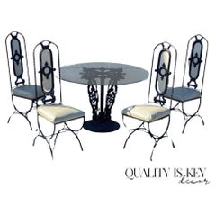 Juego de Comedor Vintage Hollywood Regency Curule Chair Wrought Iron Round - 5 Pc Set