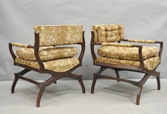 Vintage Hollywood Regency Curule Wooden X-Frame Lounge Arm Chairs - a Pair