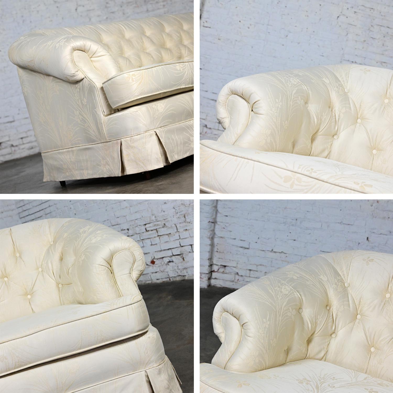 Vintage Hollywood Regency Curved Sofa Button Back Off-White Damask Fabric For Sale 10