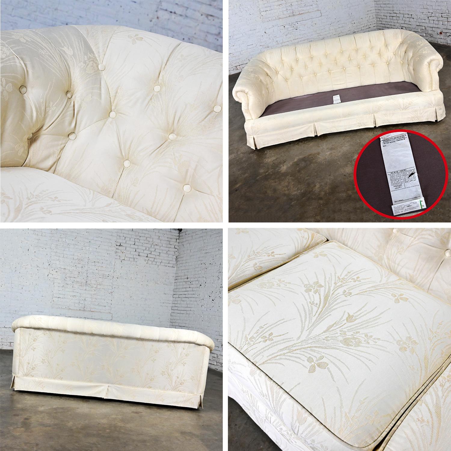 Vintage Hollywood Regency Curved Sofa Button Back Off-White Damask Fabric For Sale 11