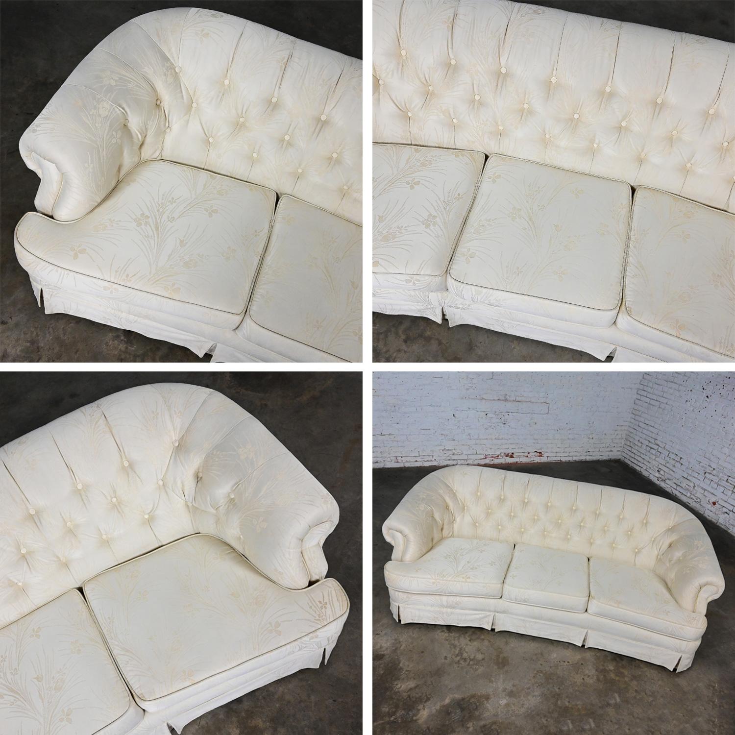 Vintage Hollywood Regency Curved Sofa Button Back Off-White Damask Fabric For Sale 12